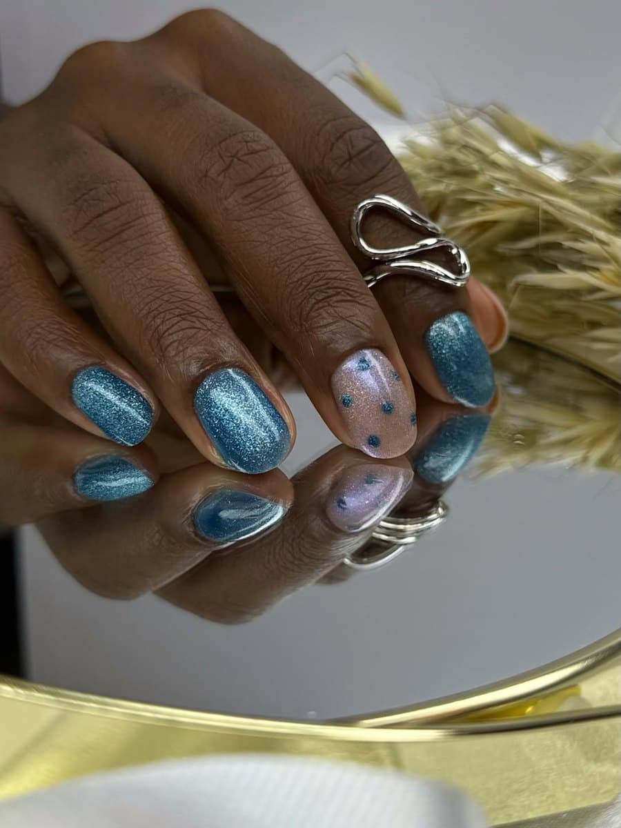 A blue chrome marble finish catching the light.