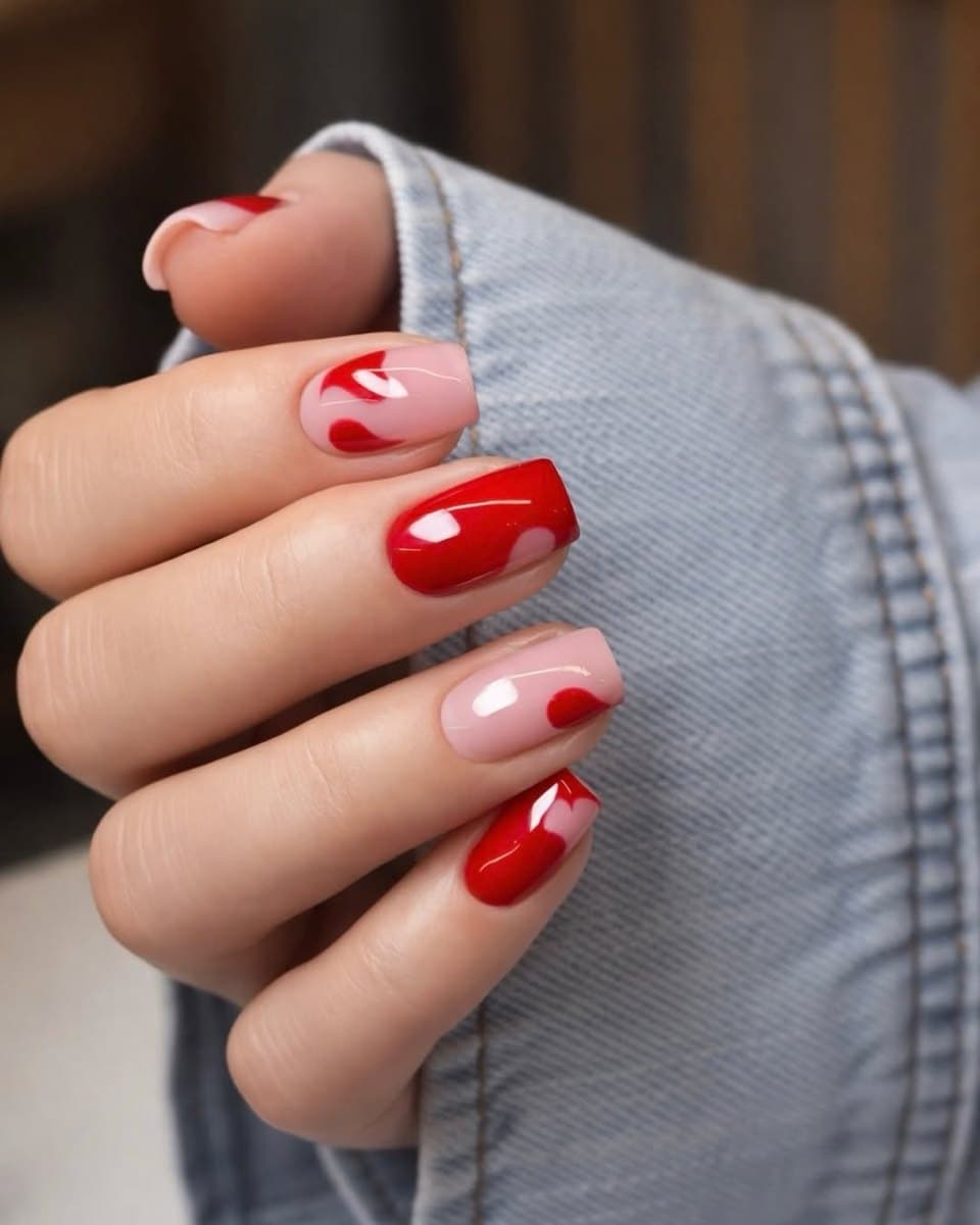 A glossy red gel manicure in a clean almond shape.